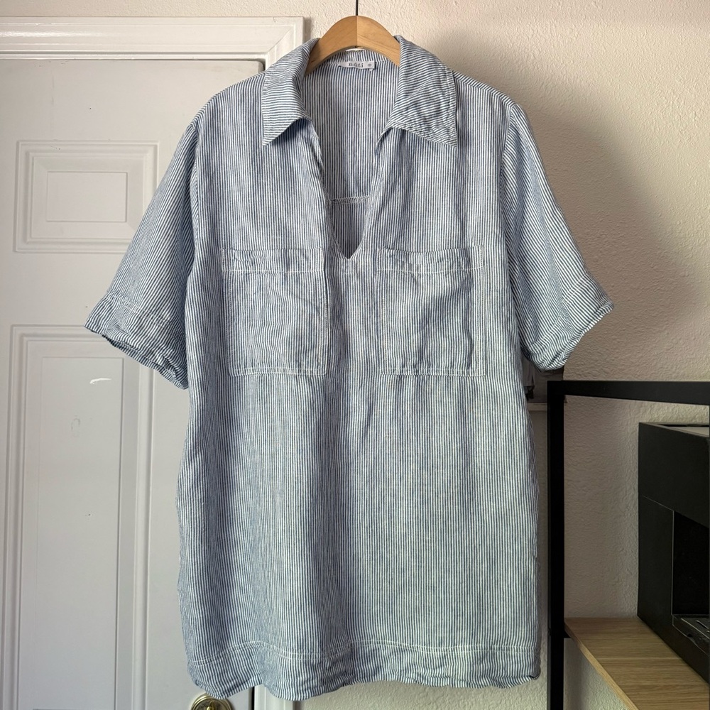 NATI men’s blue white striped linen polo popover short‎ sleeve oversized shirt
